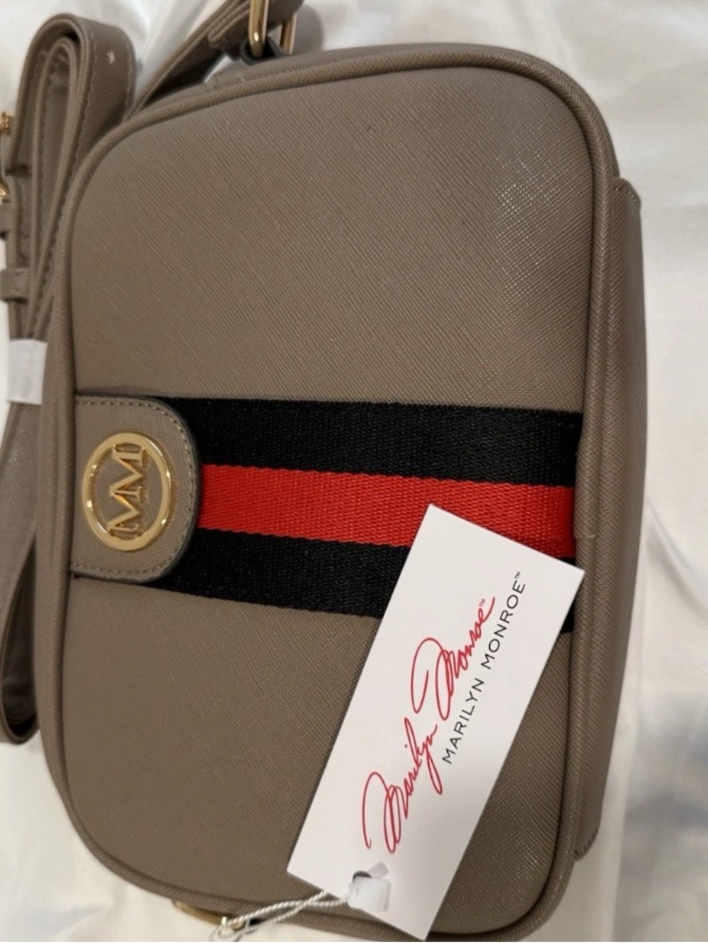 Marilyn Monroe Taupe Crossbody Bag with Red & Black Stripe NWT